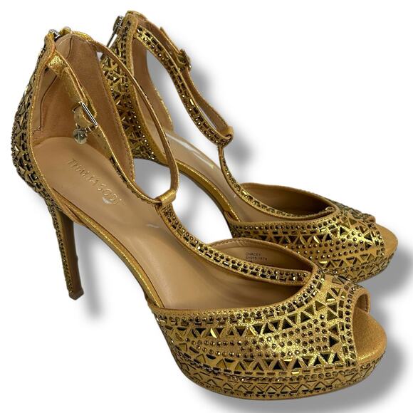 NEW Thalia Sodi Chacey Embellished T-Strap Platform Pumps Gold Size 11 Studded - Picture 1 of 12